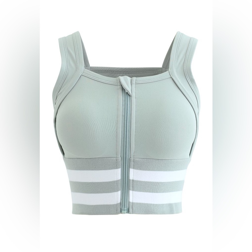 RIBBED BLOCK STRIPE ZIP FRONT HIGH-IMPACT SPORTS BRA IN MINT